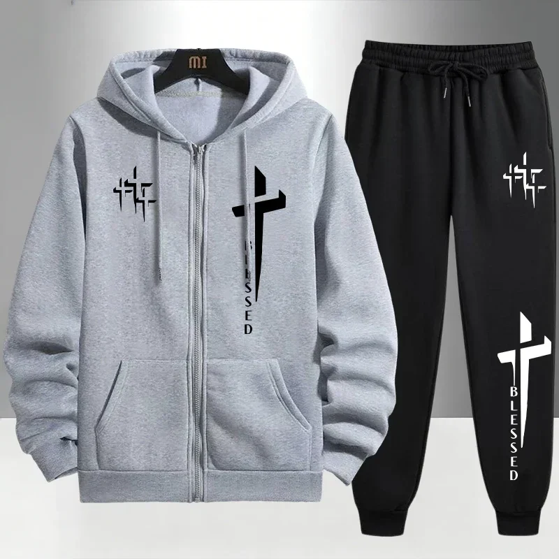 Cross Blessed Print Tracksuit for Men Zipper Hooded Sweatshirt and Black Sweatpants Urban Causal Fashion Hoodies Outerwear Sets