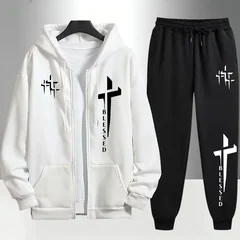 Cross Blessed Print Tracksuit for Men Zipper Hooded Sweatshirt and Black Sweatpants Urban Causal Fashion Hoodies Outerwear Sets