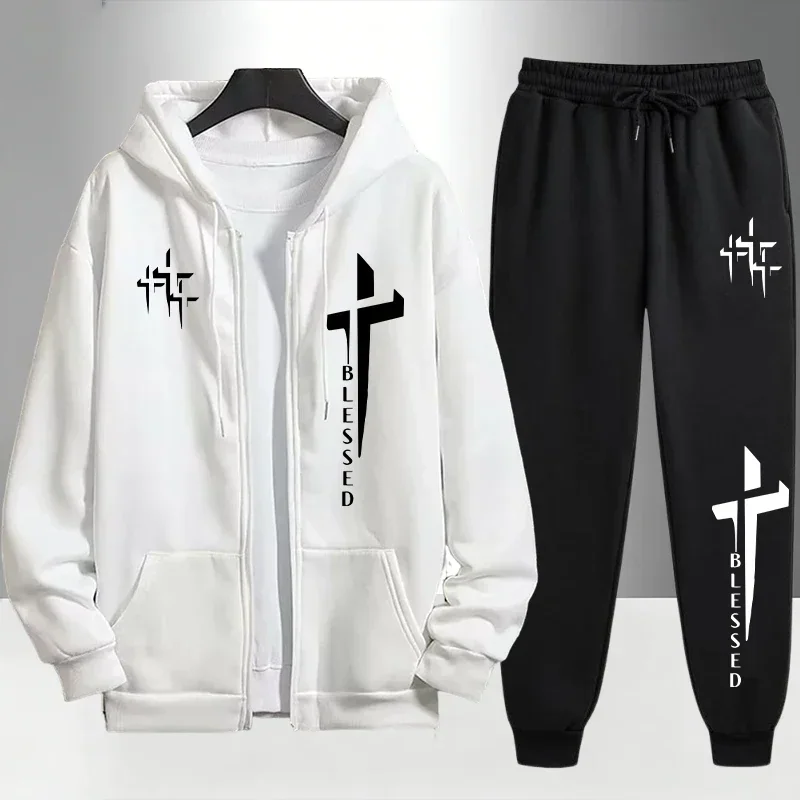 Cross Blessed Print Tracksuit for Men Zipper Hooded Sweatshirt and Black Sweatpants Urban Causal Fashion Hoodies Outerwear Sets