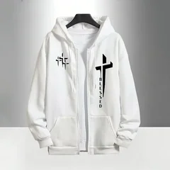 Cross Blessed Print Tracksuit for Men Zipper Hooded Sweatshirt and Black Sweatpants Urban Causal Fashion Hoodies Outerwear Sets