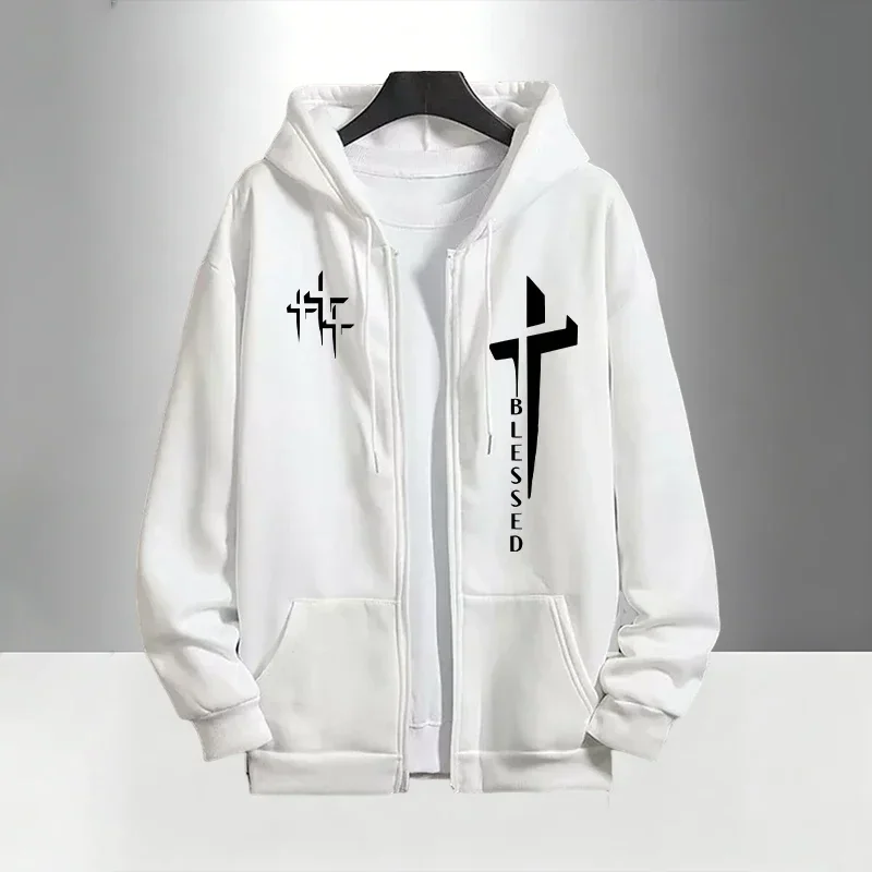 Cross Blessed Print Tracksuit for Men Zipper Hooded Sweatshirt and Black Sweatpants Urban Causal Fashion Hoodies Outerwear Sets