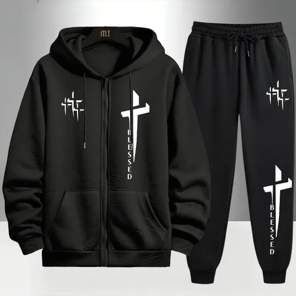 Cross Blessed Print Tracksuit for Men Zipper Hooded Sweatshirt and Black Sweatpants Urban Causal Fashion Hoodies Outerwear Sets