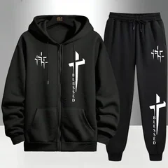 Cross Blessed Print Tracksuit for Men Zipper Hooded Sweatshirt and Black Sweatpants Urban Causal Fashion Hoodies Outerwear Sets