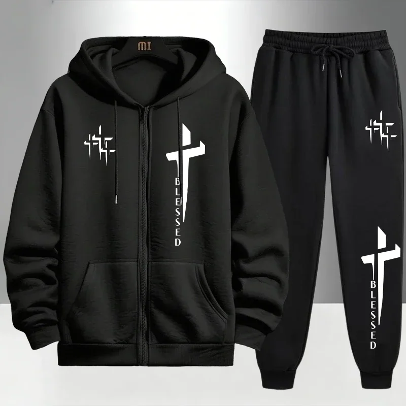 Cross Blessed Print Tracksuit for Men Zipper Hooded Sweatshirt and Black Sweatpants Urban Causal Fashion Hoodies Outerwear Sets