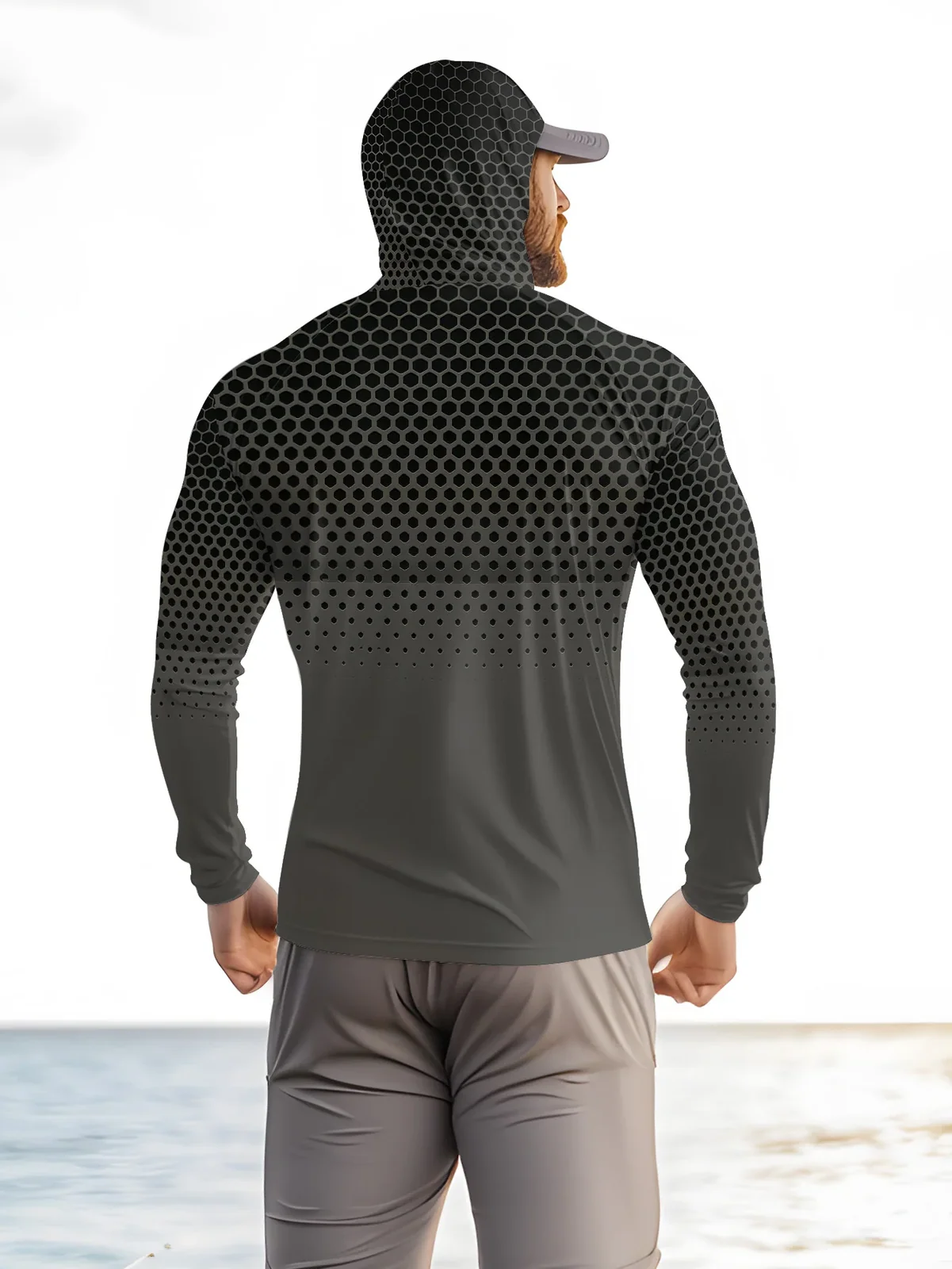 Grey Gradient Honeycomb Men Fishing Hooded Shirt Built‑in Face Cover UPF50+ Sun Protection Quick‑Dry Long Sleeve Outdoor Tops