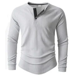 New Round Neck Long Sleeve Henley Bottoming Shirt T-shirt Vertical Stripe Men's POLO Shirt