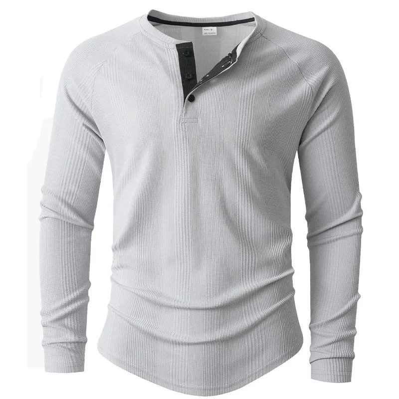 New Round Neck Long Sleeve Henley Bottoming Shirt T-shirt Vertical Stripe Men's POLO Shirt