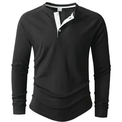 New Round Neck Long Sleeve Henley Bottoming Shirt T-shirt Vertical Stripe Men's POLO Shirt