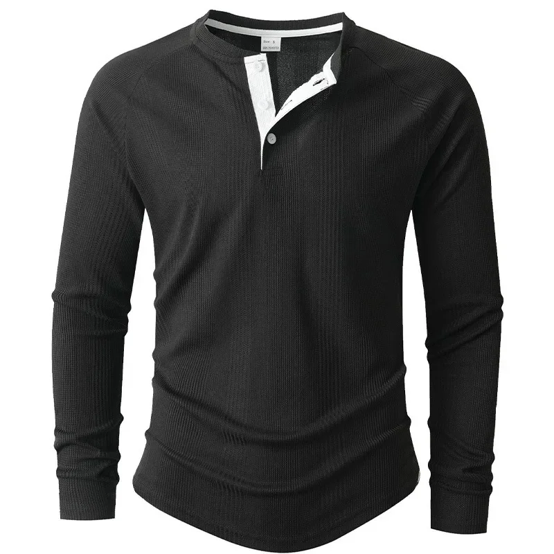 New Round Neck Long Sleeve Henley Bottoming Shirt T-shirt Vertical Stripe Men's POLO Shirt