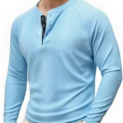 New Round Neck Long Sleeve Henley Bottoming Shirt T-shirt Vertical Stripe Men's POLO Shirt