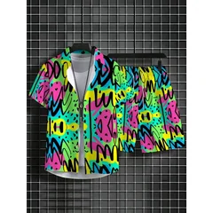 Men's Colorful Printed Short Sleeve Shirt Shorts Set Polyester Lightweight Beachwear Outdoor Casual Summer Vacation Party Wear