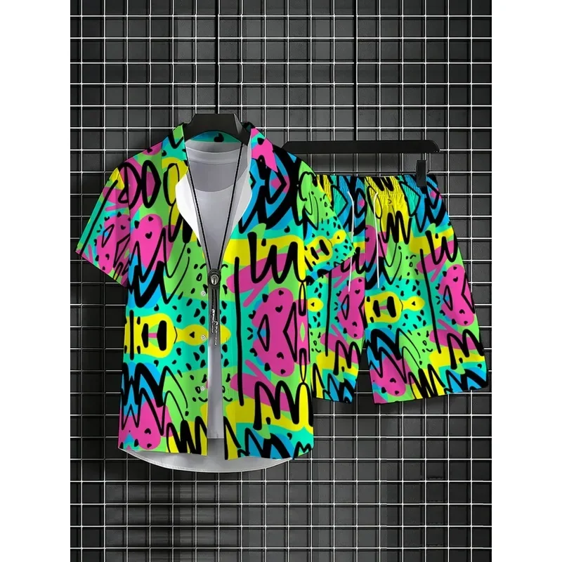 Men's Colorful Printed Short Sleeve Shirt Shorts Set Polyester Lightweight Beachwear Outdoor Casual Summer Vacation Party Wear