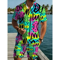 Men's Colorful Printed Short Sleeve Shirt Shorts Set Polyester Lightweight Beachwear Outdoor Casual Summer Vacation Party Wear
