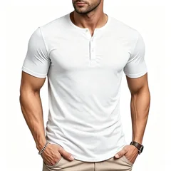 Men's Short Sleeve Henley Neck T-shirts Solid Color Male Fitness Tops Summer Slim Fit Button Neck Casual Cozy Tshirt Streetwear