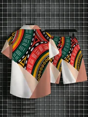 Men African Tribal Geometric Print Two Piece Outfit Short Sleeve Shirt Elastic Waist Shorts Summer Casual Suit