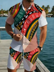 Men African Tribal Geometric Print Two Piece Outfit Short Sleeve Shirt Elastic Waist Shorts Summer Casual Suit