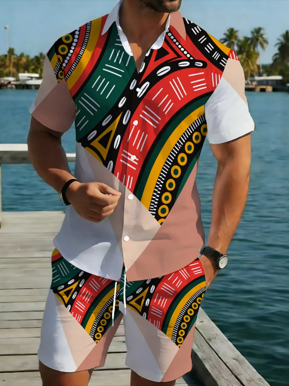 Men African Tribal Geometric Print Two Piece Outfit Short Sleeve Shirt Elastic Waist Shorts Summer Casual Suit