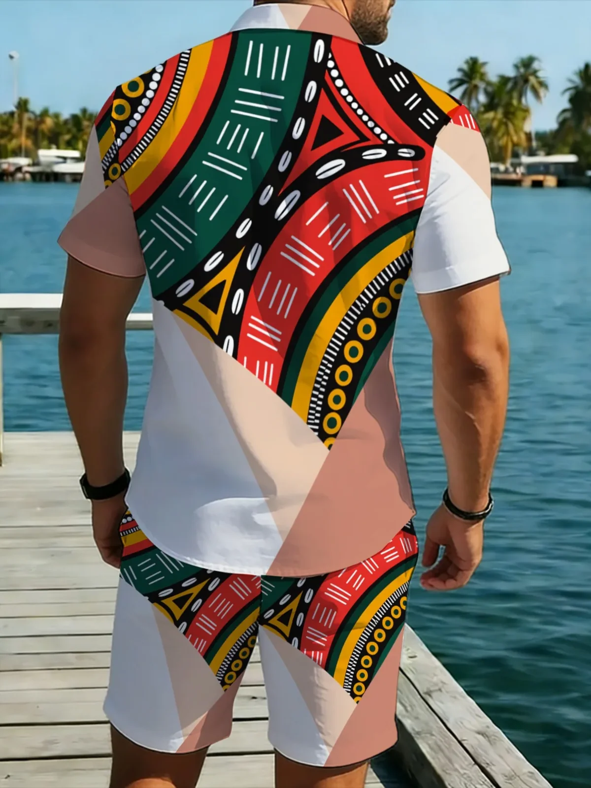 Men African Tribal Geometric Print Two Piece Outfit Short Sleeve Shirt Elastic Waist Shorts Summer Casual Suit