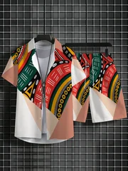 Men African Tribal Geometric Print Two Piece Outfit Short Sleeve Shirt Elastic Waist Shorts Summer Casual Suit