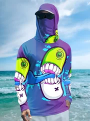 Men Cartoon Monster Graffiti Fishing Hoodie With Face Mask UPF50+ Quick Dry Sun Protection Long Sleeve Outdoor Fishing Tops