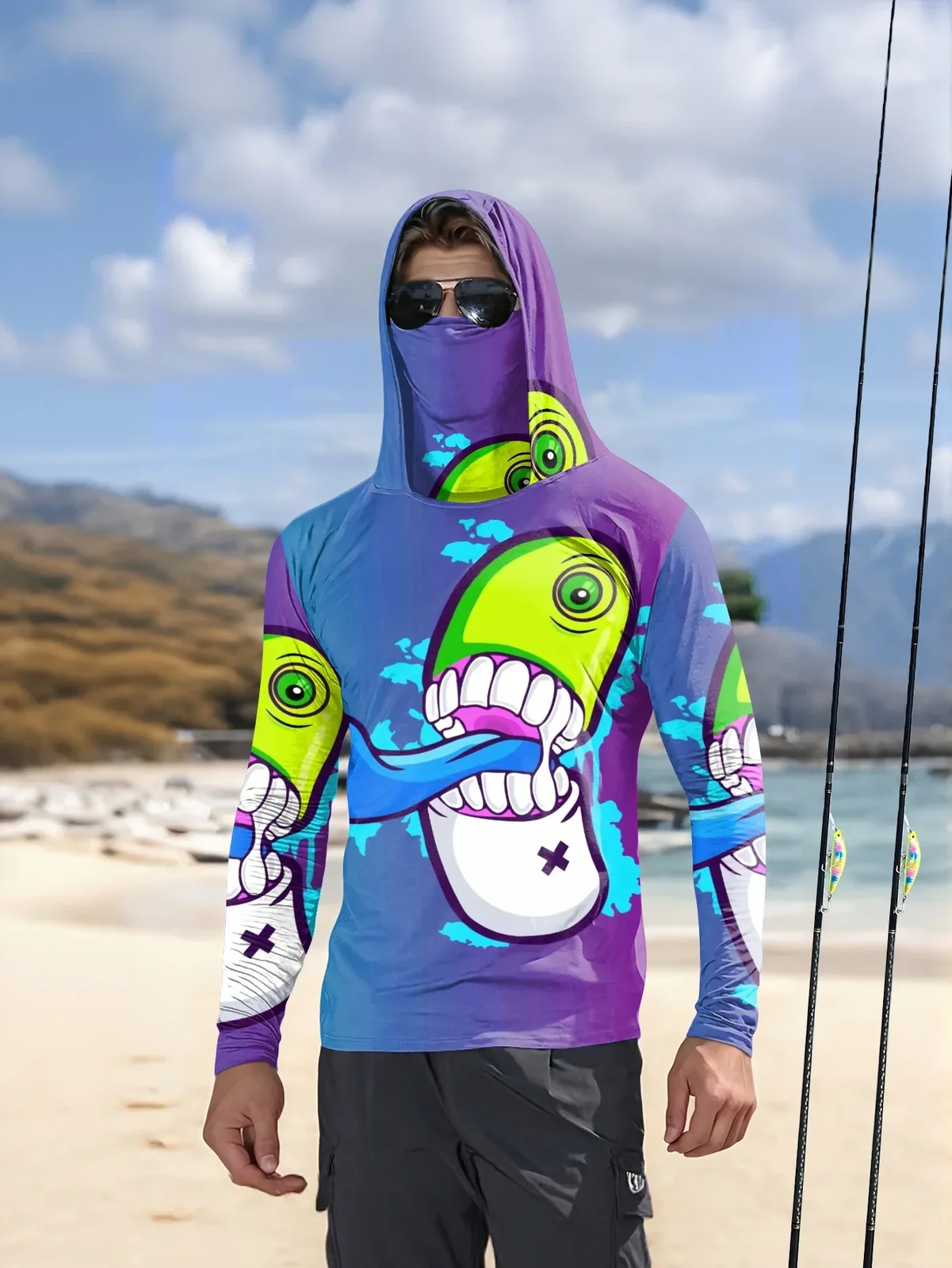 Men Cartoon Monster Graffiti Fishing Hoodie With Face Mask UPF50+ Quick Dry Sun Protection Long Sleeve Outdoor Fishing Tops