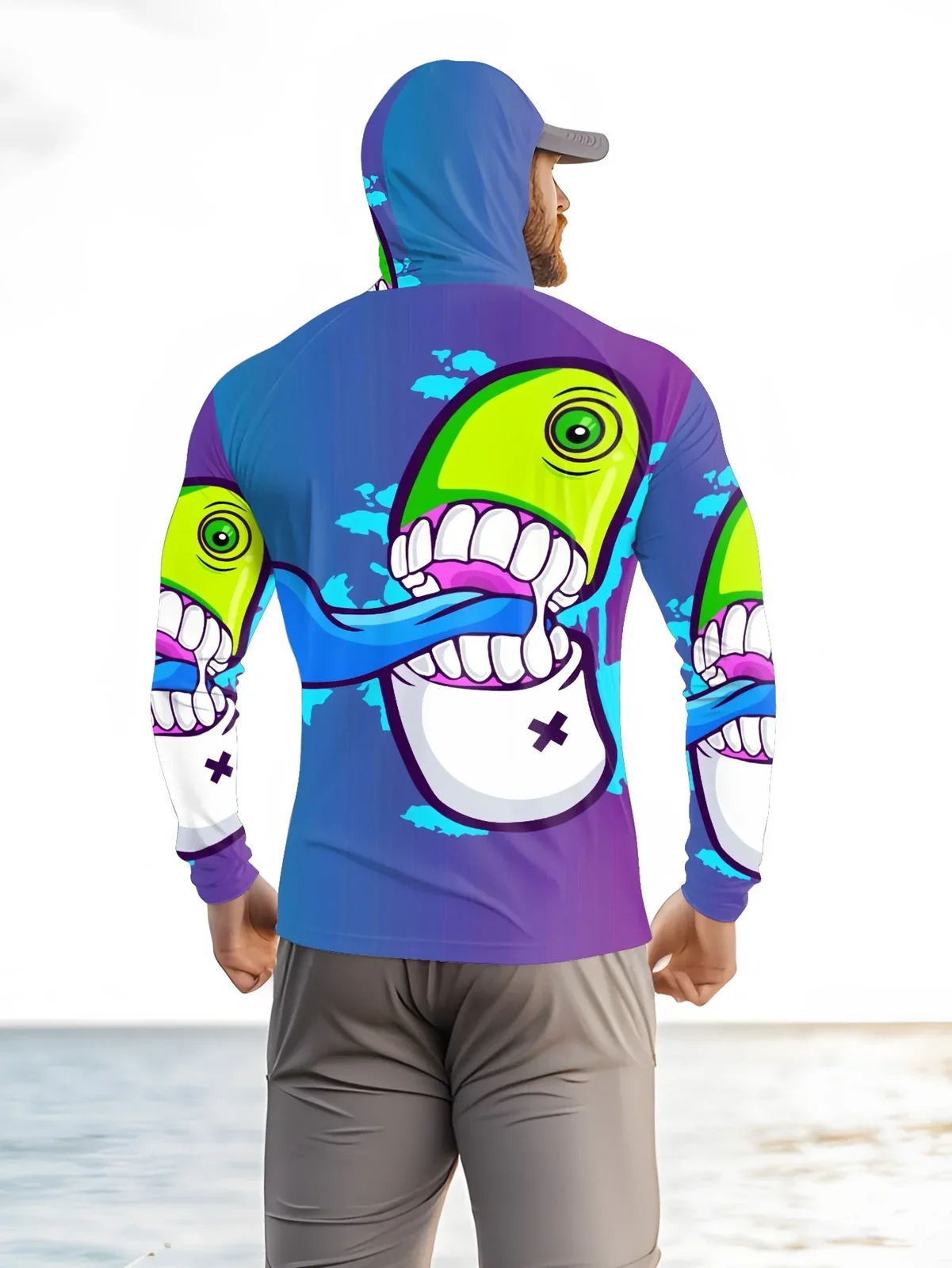 Men Cartoon Monster Graffiti Fishing Hoodie With Face Mask UPF50+ Quick Dry Sun Protection Long Sleeve Outdoor Fishing Tops