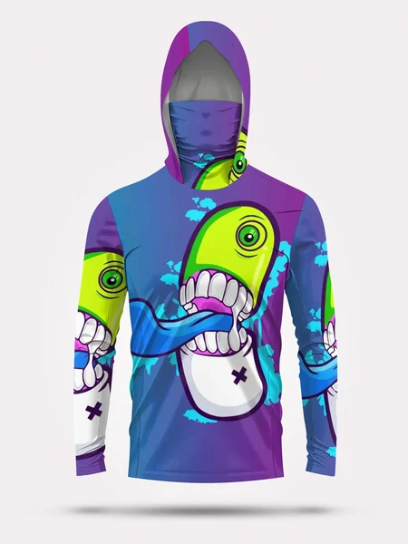Men Cartoon Monster Graffiti Fishing Hoodie With Face Mask UPF50+ Quick Dry Sun Protection Long Sleeve Outdoor Fishing Tops