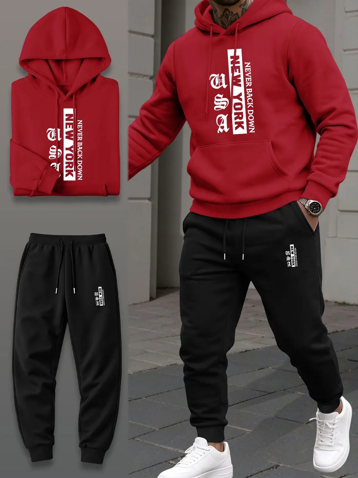 Men's 2 Piece Tracksuit for Spring Autumn Outdoor Running, Vintage Letter Print Hoodie Set