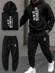 Men's 2 Piece Tracksuit for Spring Autumn Outdoor Running, Vintage Letter Print Hoodie Set