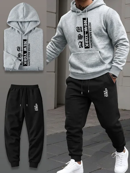 Men's 2 Piece Tracksuit for Spring Autumn Outdoor Running, Vintage Letter Print Hoodie Set