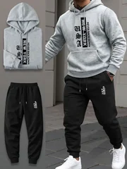 Men's 2 Piece Tracksuit for Spring Autumn Outdoor Running, Vintage Letter Print Hoodie Set