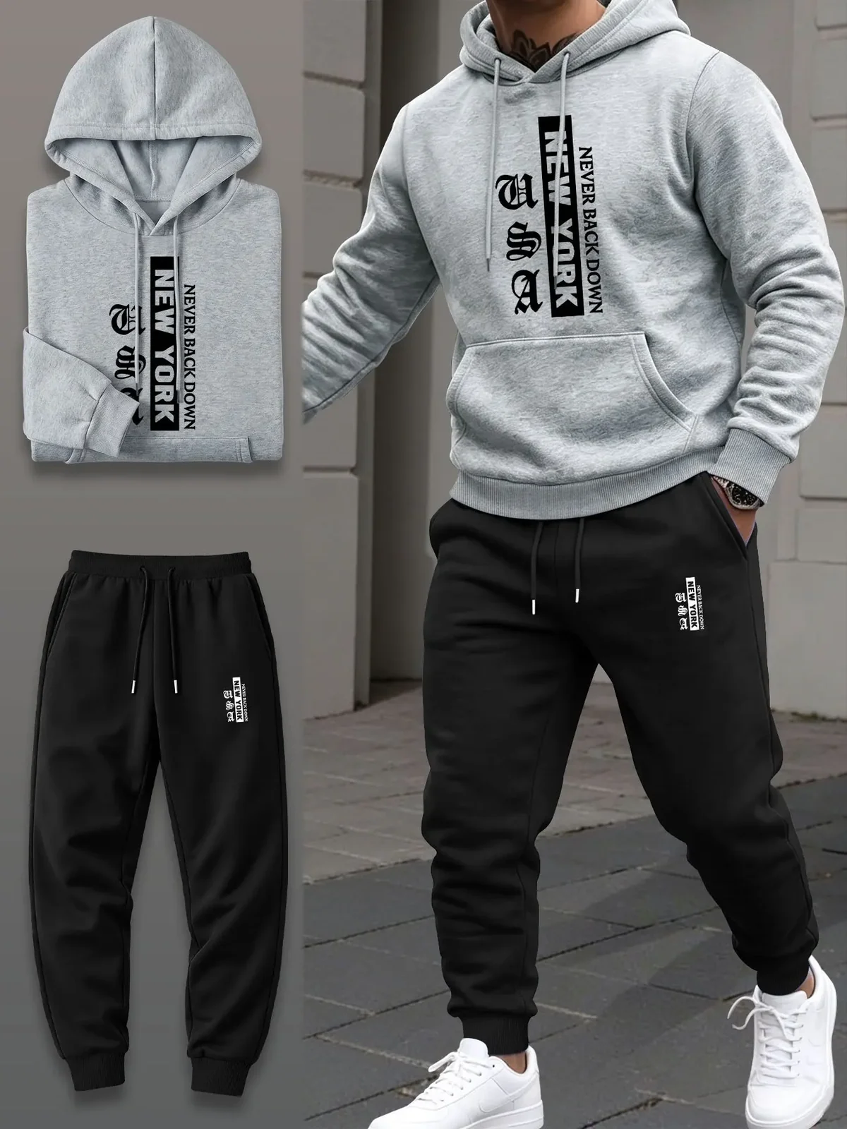 Men's 2 Piece Tracksuit for Spring Autumn Outdoor Running, Vintage Letter Print Hoodie Set