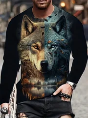 Men's 3D Black Wolf Head Long Sleeve T-Shirt Red Eye Graphic Tee Animal Portrait Gothic Streetwear Casual Pullover Tops