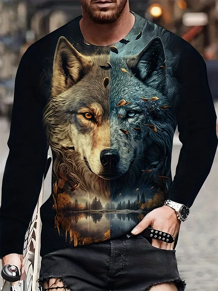 Men's 3D Black Wolf Head Long Sleeve T-Shirt Red Eye Graphic Tee Animal Portrait Gothic Streetwear Casual Pullover Tops