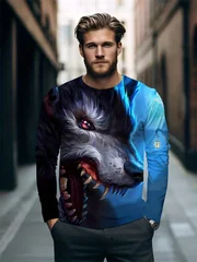 Men's 3D Black Wolf Head Long Sleeve T-Shirt Red Eye Graphic Tee Animal Portrait Gothic Streetwear Casual Pullover Tops