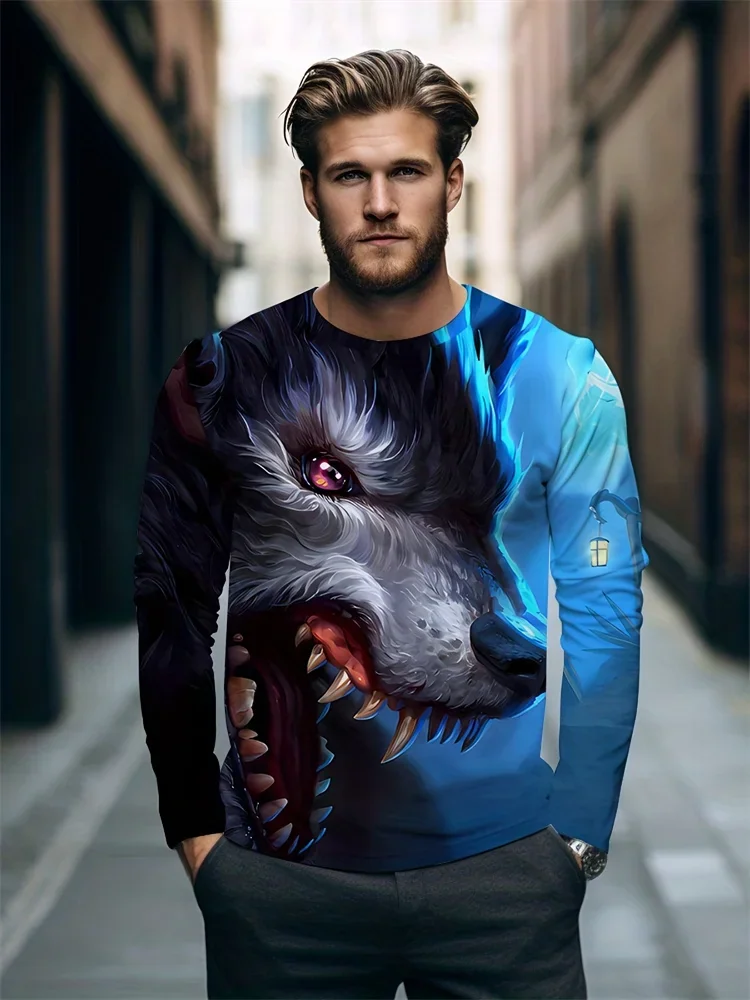 Men's 3D Black Wolf Head Long Sleeve T-Shirt Red Eye Graphic Tee Animal Portrait Gothic Streetwear Casual Pullover Tops