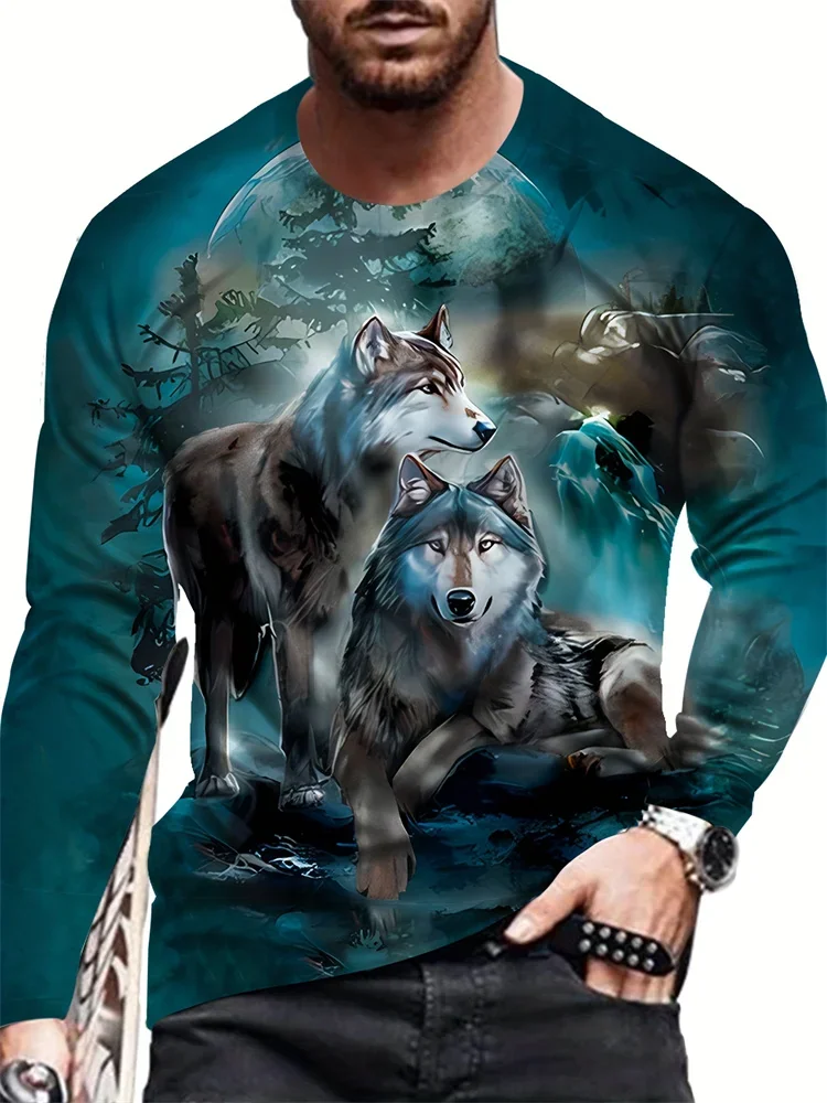 Men's 3D Black Wolf Head Long Sleeve T-Shirt Red Eye Graphic Tee Animal Portrait Gothic Streetwear Casual Pullover Tops