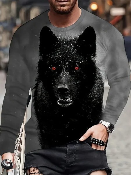 Men's 3D Black Wolf Head Long Sleeve T-Shirt Red Eye Graphic Tee Animal Portrait Gothic Streetwear Casual Pullover Tops