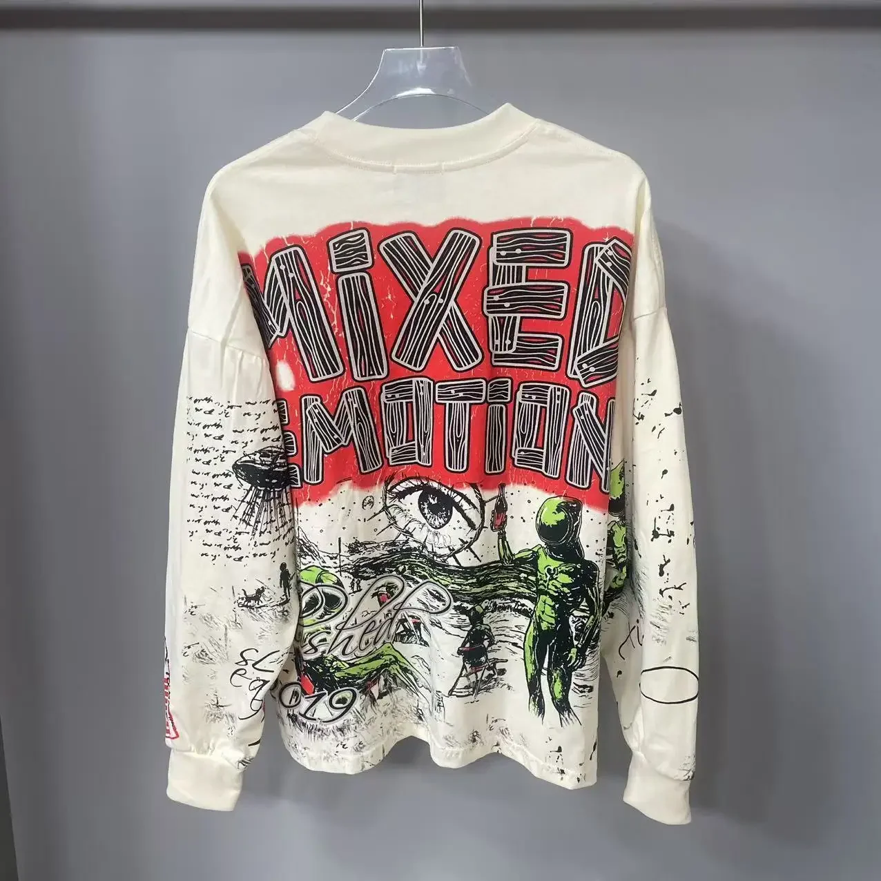 High Quality Designer MIXED-EMOTION Long sleeved T-shirt 100% cotton men's and women's Vintage Printed and hotfix rhinestone High Street Trendy Fashion Hip Hop T-shirt hoodie sweatshirt Pullover