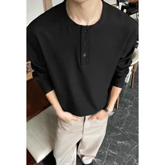 Textured Woven Henley Long Sleeve Top For Males Crew Neck Three Button Loose Silhouette Street Style Apparel