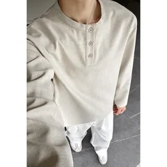 Textured Woven Henley Long Sleeve Top For Males Crew Neck Three Button Loose Silhouette Street Style Apparel
