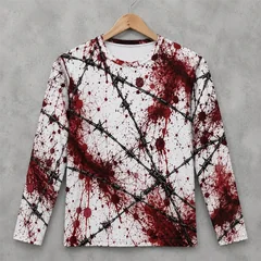 3D Print Horror Red Blood Stains Pattern Halloween Long Sleeve T Shirt For Men Vintage Halloween Party Personality OOTD Tee Top