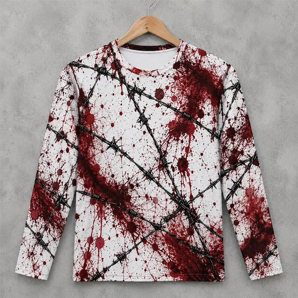 3D Print Horror Red Blood Stains Pattern Halloween Long Sleeve T Shirt For Men Vintage Halloween Party Personality OOTD Tee Top