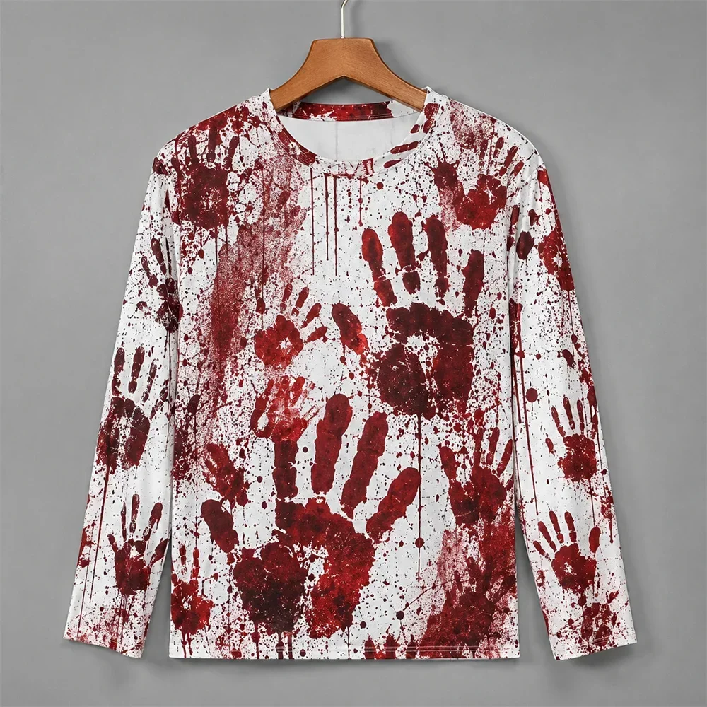 3D Print Horror Red Blood Stains Pattern Halloween Long Sleeve T Shirt For Men Vintage Halloween Party Personality OOTD Tee Top