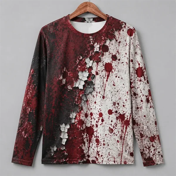 3D Print Horror Red Blood Stains Pattern Halloween Long Sleeve T Shirt For Men Vintage Halloween Party Personality OOTD Tee Top