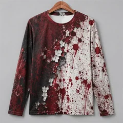 3D Print Horror Red Blood Stains Pattern Halloween Long Sleeve T Shirt For Men Vintage Halloween Party Personality OOTD Tee Top