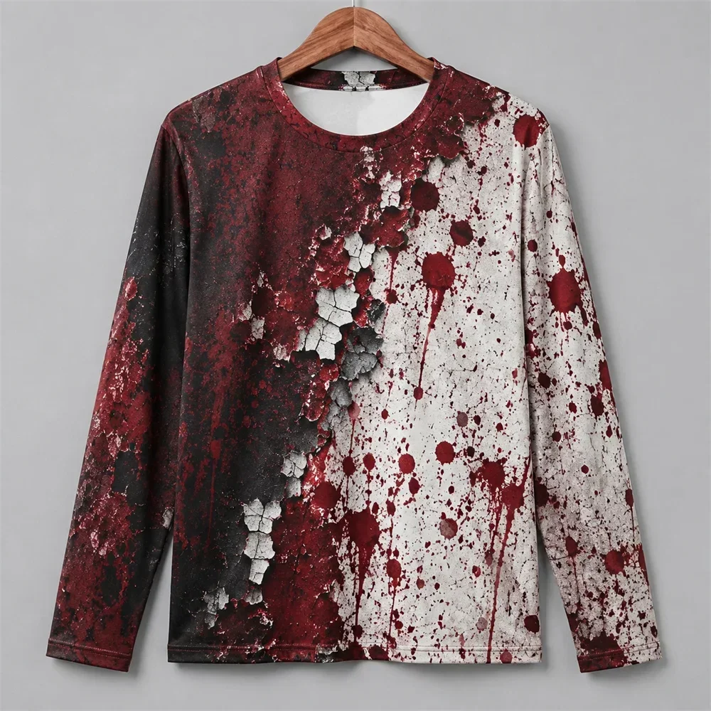 3D Print Horror Red Blood Stains Pattern Halloween Long Sleeve T Shirt For Men Vintage Halloween Party Personality OOTD Tee Top