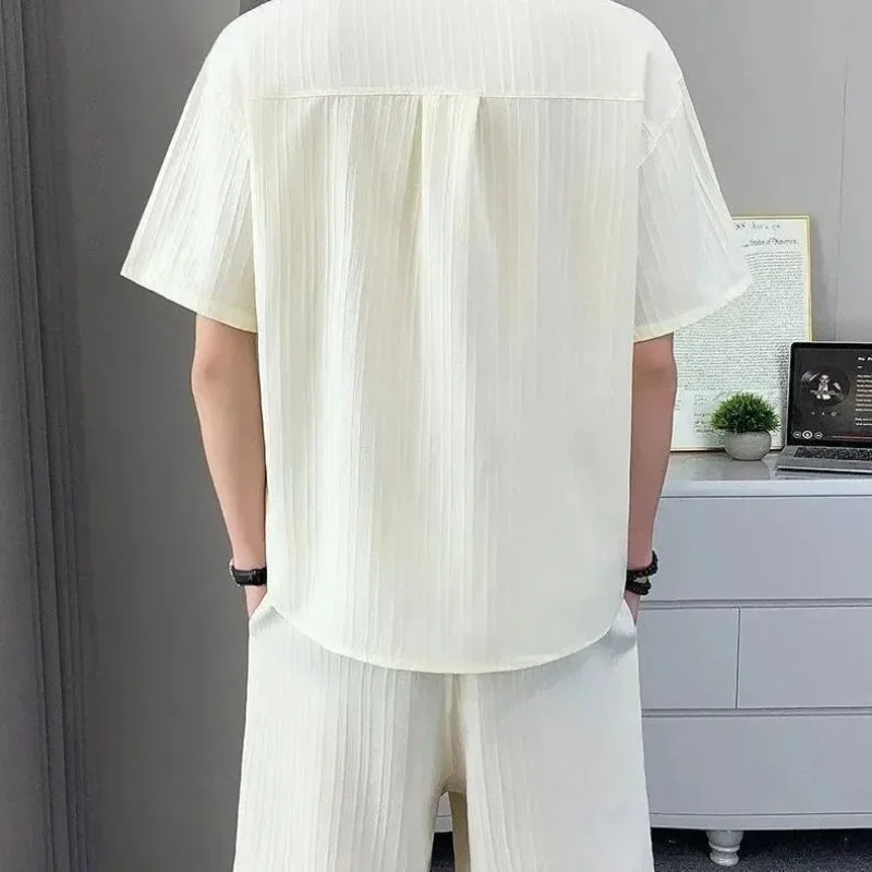 Summer Men's Shirt Set Stripe Minimalist Casual Cardigan Pocket Short Sleeved Shirt + Shorts Beach Classic Hawaii Short Sets 5xl