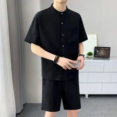Summer Men's Shirt Set Stripe Minimalist Casual Cardigan Pocket Short Sleeved Shirt + Shorts Beach Classic Hawaii Short Sets 5xl
