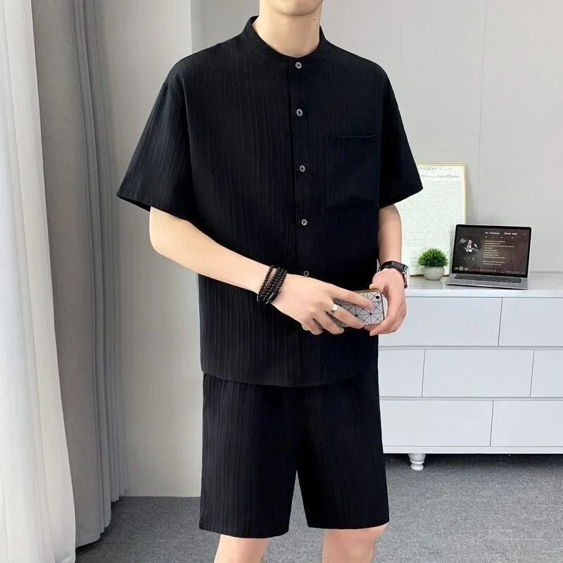 Summer Men's Shirt Set Stripe Minimalist Casual Cardigan Pocket Short Sleeved Shirt + Shorts Beach Classic Hawaii Short Sets 5xl